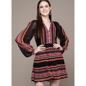 Label Ritu Kumar Esme Border Print Mini Dress Black Multi Viscose Georgette Sz M
